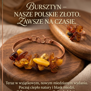 Artystyczna biżuteria z bursztynem i miedzią – Komplet Autorski (Bransoletka + Pierścionek)