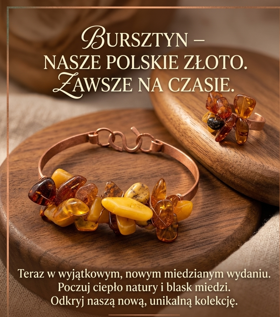 Artystyczna biżuteria z bursztynem i miedzią – Komplet Autorski (Bransoletka + Pierścionek)